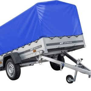 UNITRAILER-aanhangwagen 230 x 125 cm, Garden Trailer 230, kantelbaar, 750 kg, met neuswiel, blauw zeil en hoog huifframe.
