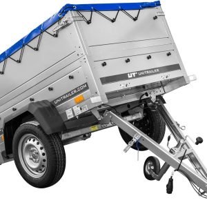 Unitrailer 150 KIPP-autotransportaanhanger – hoogwaardig en robuust, voorzien van extra zijwanden en een zeil, 750 kg, met kantelbare dissel.